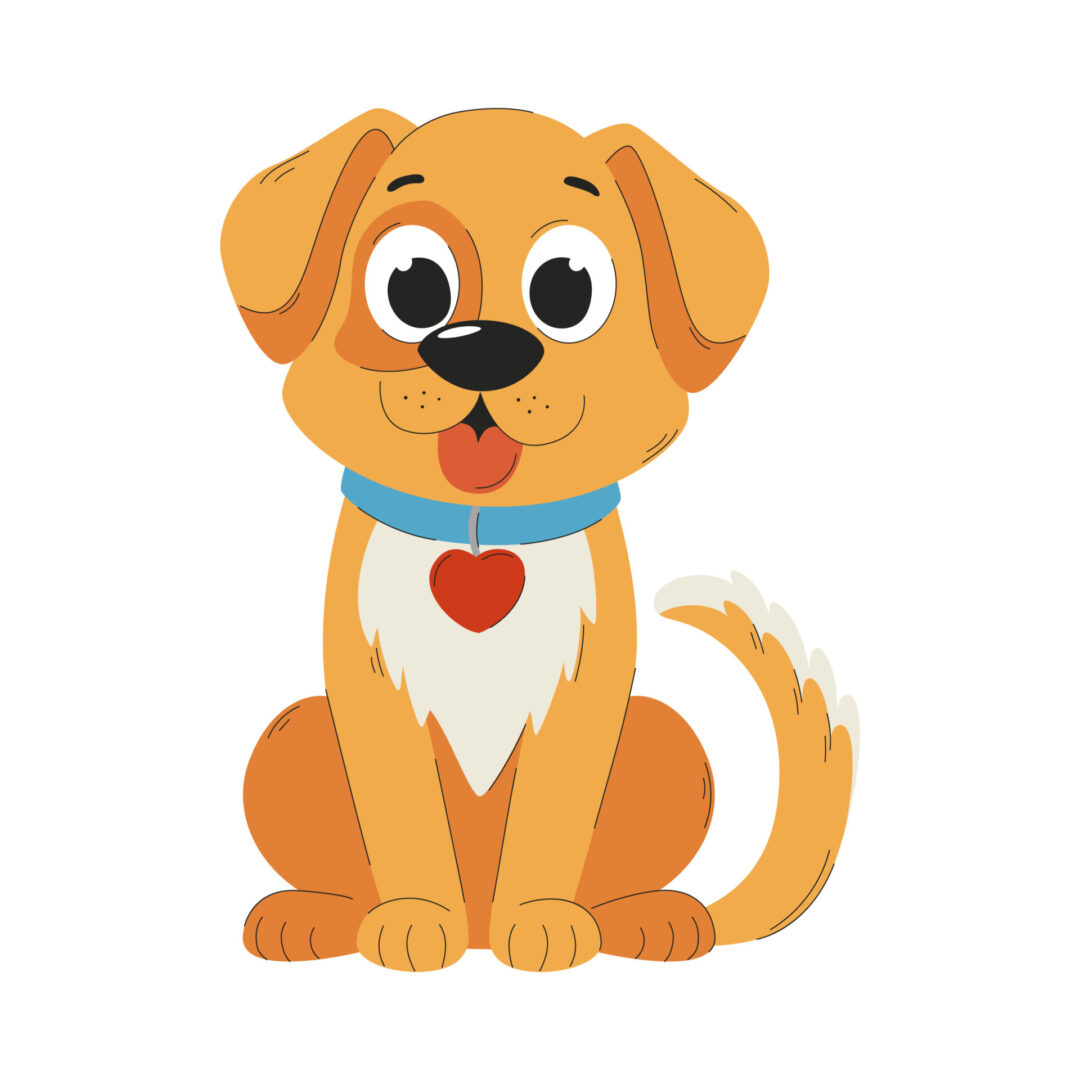 The cute puppy is sitting with his tongue hanging out. A flat cartoon vector illustration isolated on a white background. A dog with a collar sitting on the ground.